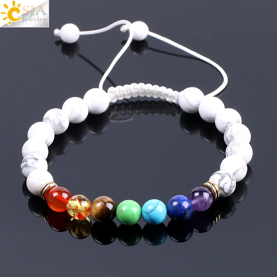CSJA Ethnic White Howlite Beaded Bracelet Natural Gem Stone 7 Chakra Yoga Mala Beads Tibetan Buddhist Meditation Braid Rope F092 | Украшения