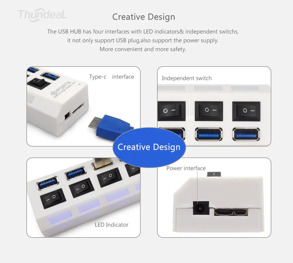 ThundeaL USB 3,0 концентратор Мульти 7 портов высокоскоростной концентратор 5 Гбит/с USB разветвитель с переключателем вкл/выкл периферийные устройства для ПК портативный компьютер