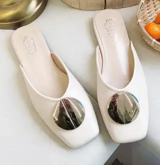 beige style-3 Шлепанцы с закрытым носком; летние женские туфли без задника с бантом, пряжкой, металлическим украшением; шлепанцы без застежки на полой подошве; брендовые Вьетнамки; zapatos - Цвет: beige style-3