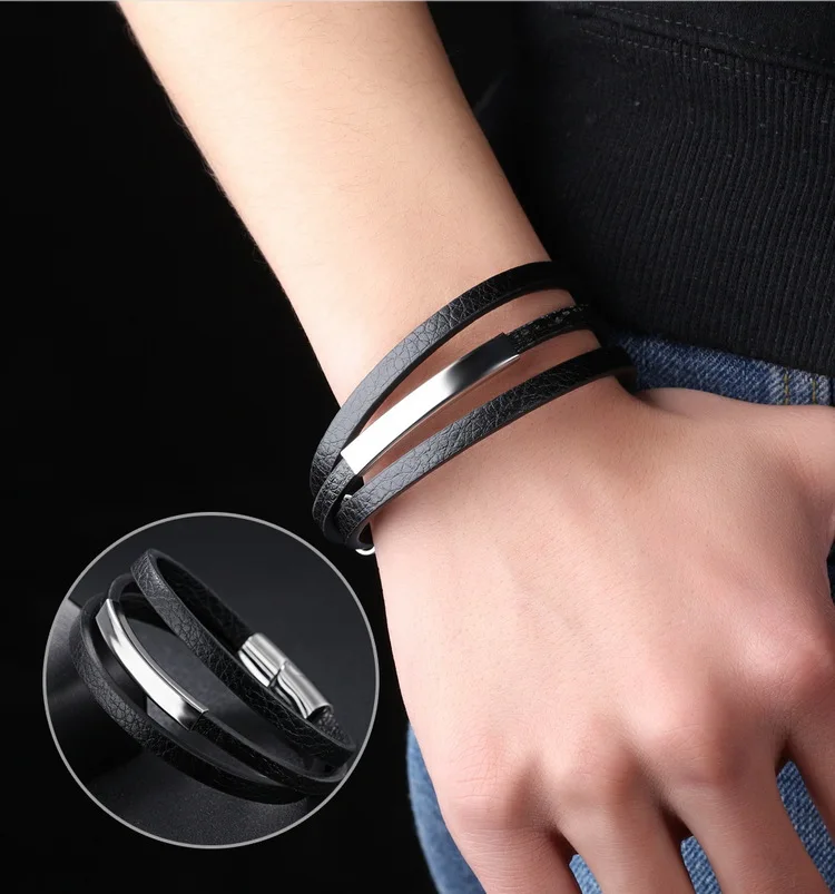 Модный Многослойный кожаный браслет с магнитной пряжкой из титана 316L мужские