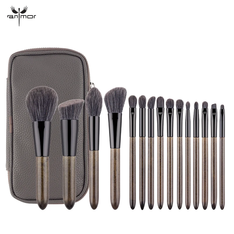 Anmor 15Pcs Make Up Brushes Set With Bag High Quality Foundation Eyeshadow Blending Eyebrow Makeup Brush PU Leather brochas