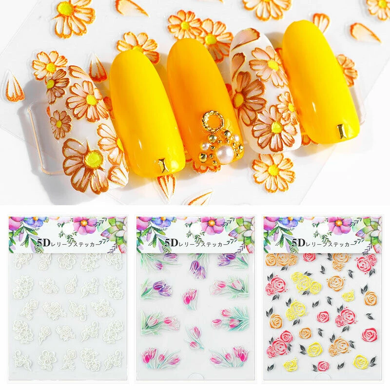 Hot 1PC 5D Acrylic Engraved Flower Nail Sticker Embossed Lace Flower Cute Cat Water Decals Empaistic Nail Water Slide Decals