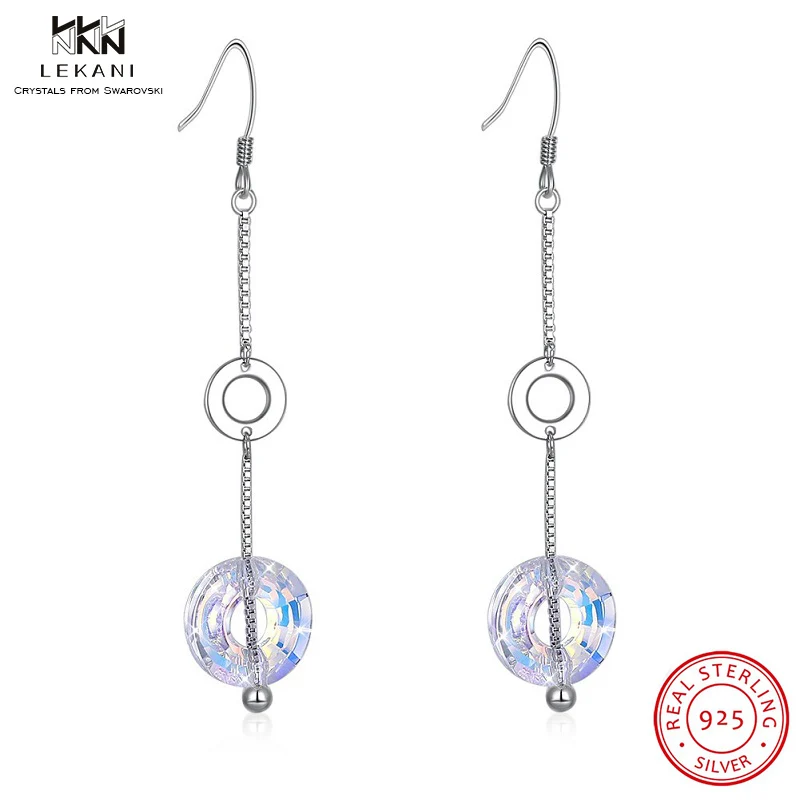 LEKANI Crystals From Swarovski Drop Earring 925 Fashion Round Pendant Earrings Ladies' Long Gift New Silver Simple | Украшения и