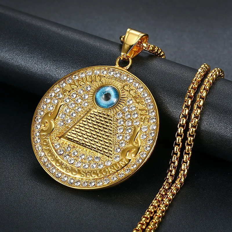 

Hip Hop Round Coin Evil Eyes Pendants Necklaces Gold Color 316L Stainless Steel Eye of Providence Necklace for Women/Men Jewelry
