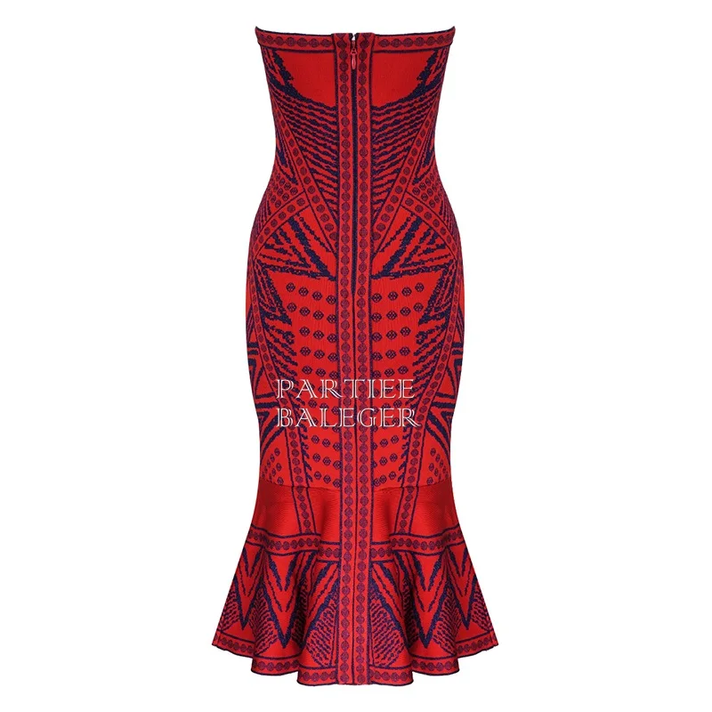 2019 New Arrival Luxe Geometric Jacquard Design Ruffles Sexy Strapless Sleeveless Backless Celebrity Party Bandage Midi Dress | Женская