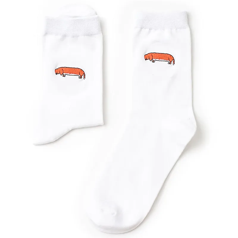 Пара стереоскопических жаккардовых белых носков с милой вышитой собачкой из