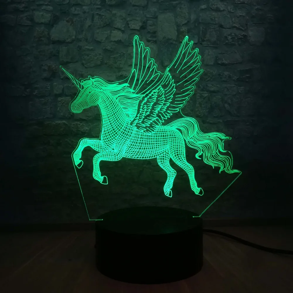 3D животное Единорог Лошадь Ночник светильник светодиодный иллюзия Лампа USB 7