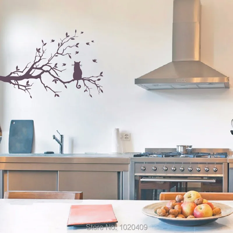 Кошка на ветка дерева с птицами виниловая наклейка стену художественные