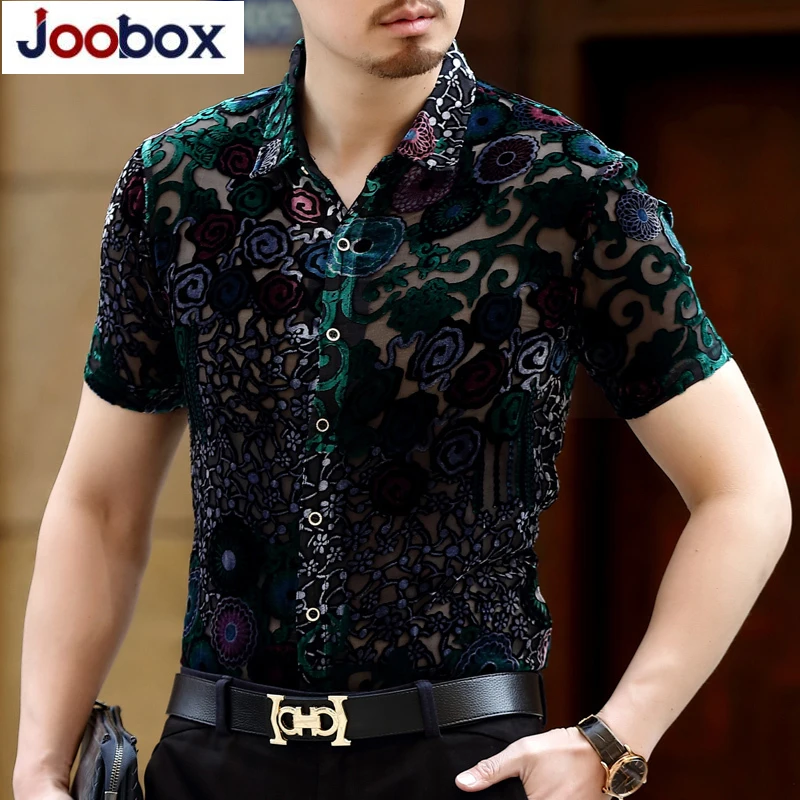 Летняя мужская рубашка с коротким рукавом шелковая оборками прозрачная Camisa Social