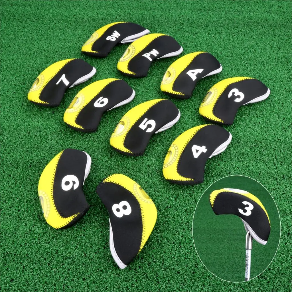 Yellow 10 шт./компл. неопреновый чехол для головки клюшки для гольфа чехлы с прозрачным пластиковым смотровым окном для утюгов Защитные чехлы для головки 6 цветов - Цвет: Yellow