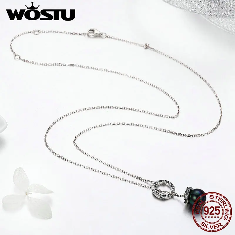 WOSTU,, мода, 925 пробы, серебро, счастливый круг и черный жемчуг, подвеска, ожерелье для женщин, S925 серебро, ювелирное изделие, подарок CQN200