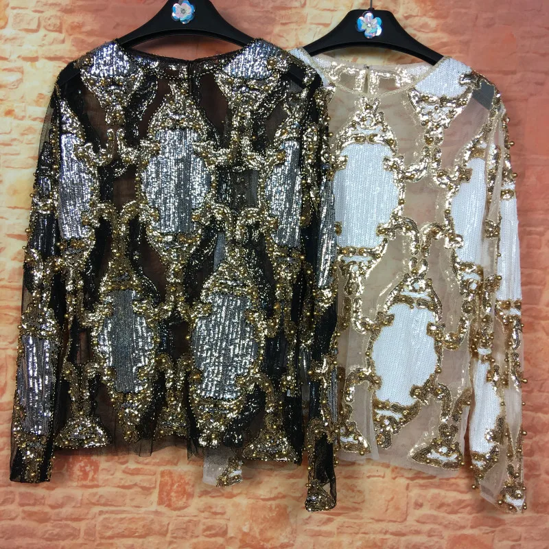 HIGH STREET Новая мода дизайнерская блузка Топ Женская с длинным рукавом Роскошная расшитая блестками газовая блузка