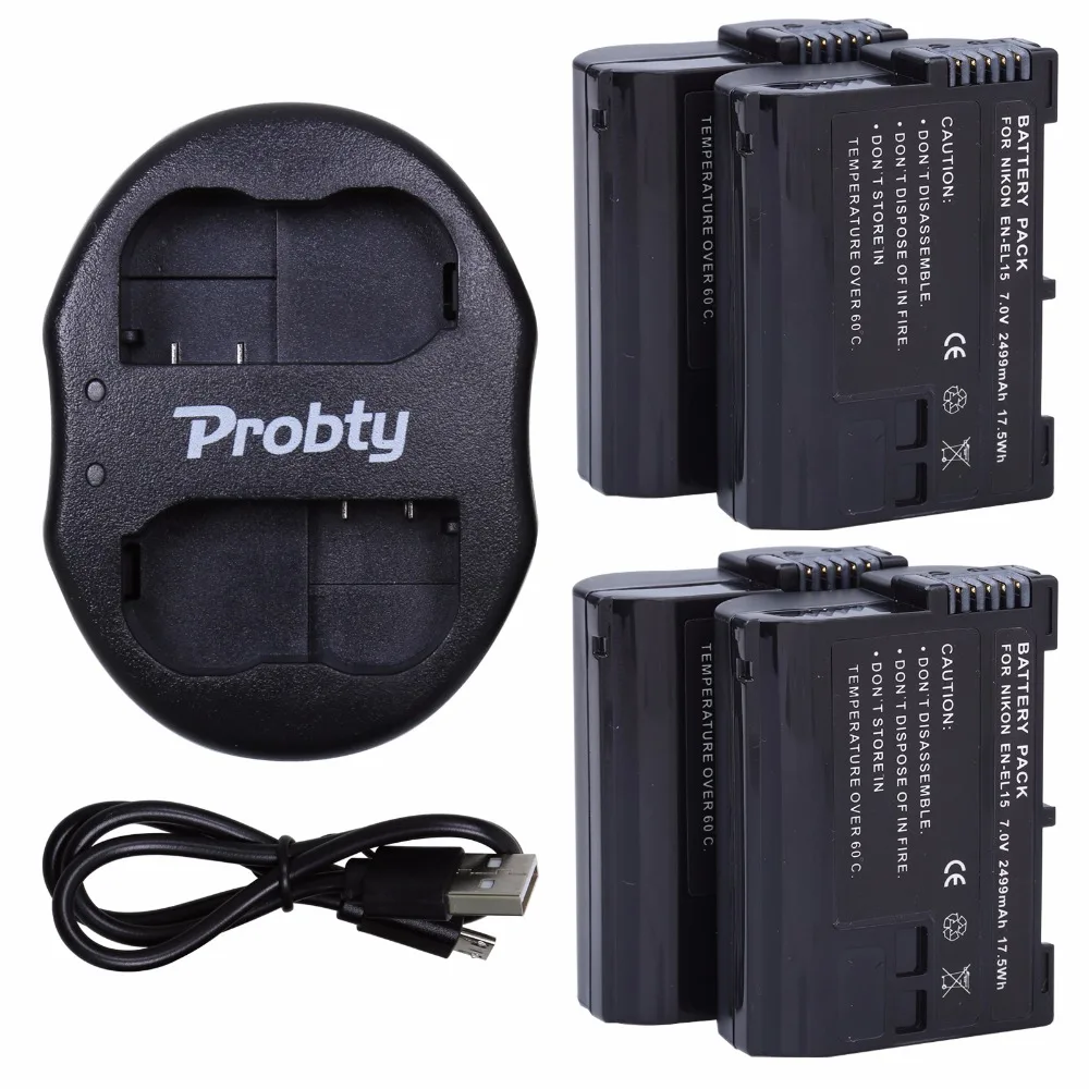 

PROBTY 4pcs EN-EL15 EN EL15 ENEL15 Battery + USB Dual Charger For Nikon D7000 D7100 D800 D800E D600 D610 D810 D7200 V1 Camera