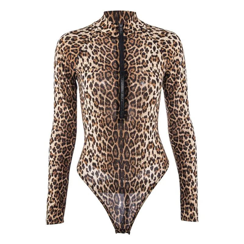

hirigin Sexy Women Leopard Long Sleeve Bodysuit Stretch Leotard Tops Zipper fashion Playsuits & Bodysuits women female