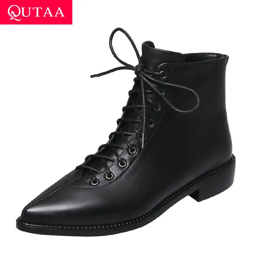 QUTAA/ модная женская обувь из коровьей кожи с острым носком, на шнуровке, на молнии универсальные ботильоны на квадратном каблуке осень-зима размеры 34-42