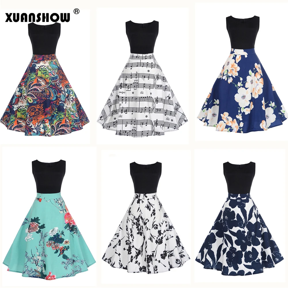 XUANSHOW летнее ретро платье с цветочным принтом 50s 60s винтажное рукавами высокая