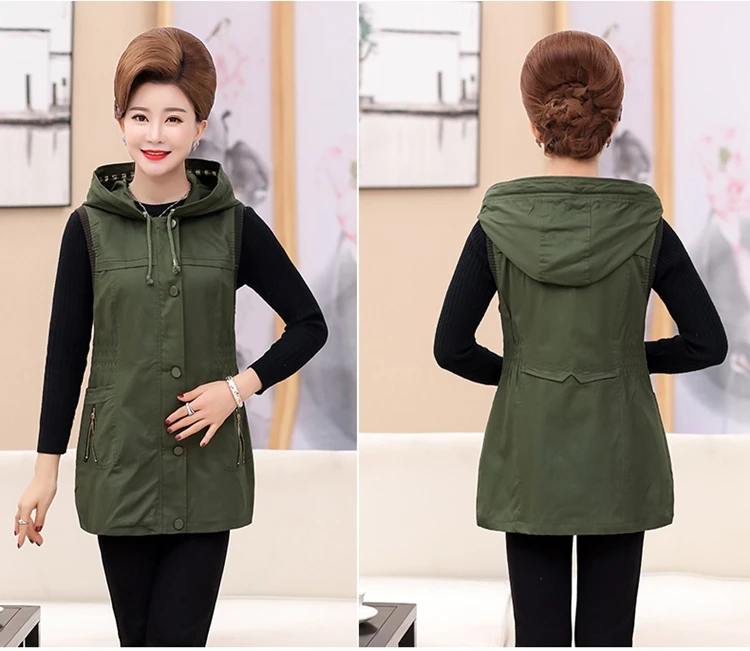 Для женщин среднего возраста с капюшоном куртка жилет весна осень тонкий без рукавов хлопок верхняя одежда большой размер Повседневный однотонный жилет женский 5XL