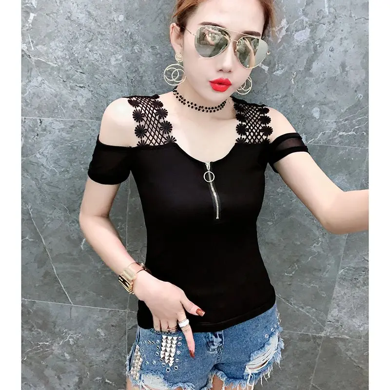 Black tshirt Сексуальная кружевная Лоскутная футболка с открытыми плечами и рукавами, новинка, летняя женская футболка с коротким рукавом и круглым вырезом, топ на молнии, Camiseta Mujer T94131L - Цвет: Black tshirt
