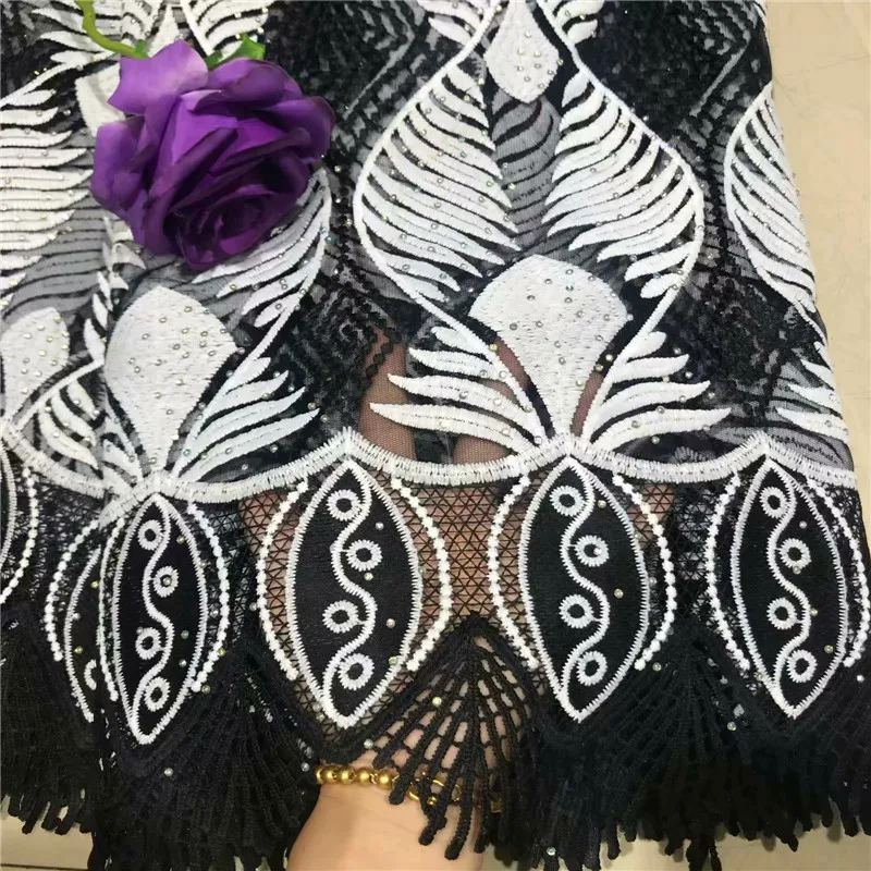

French African Tulle Lace Fabric With Stones Fashion Wedding Party Dress Lace High Quality African Cord Lace Fabric 5 Yards