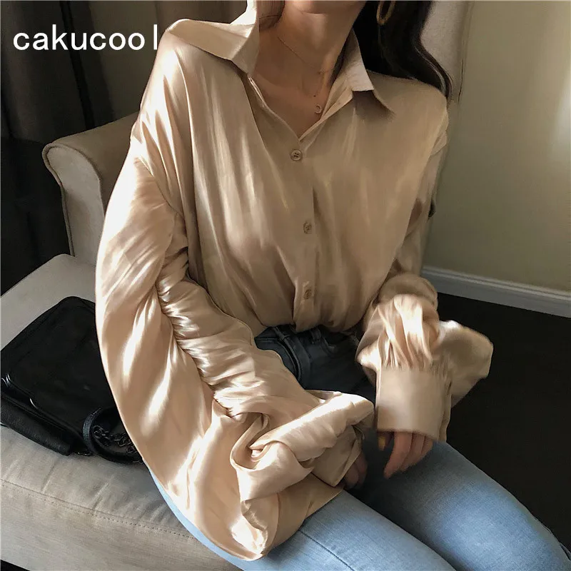 Женские блузки с длинным рукавом-фонариком Cakucool абрикосовые атласные Блузы
