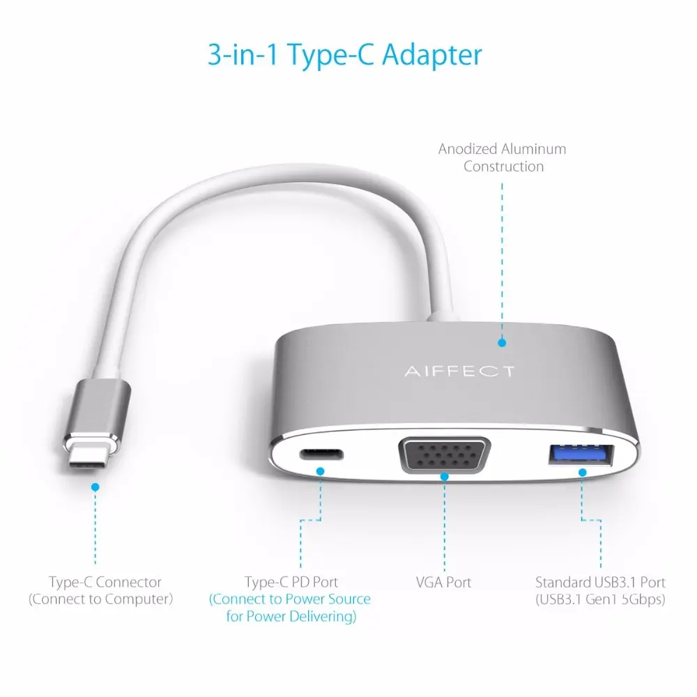 AIFFECT Тип C VGA адаптер конвертер зарядки USB3.1 3 в 1 концентратора для про телефон Macbook