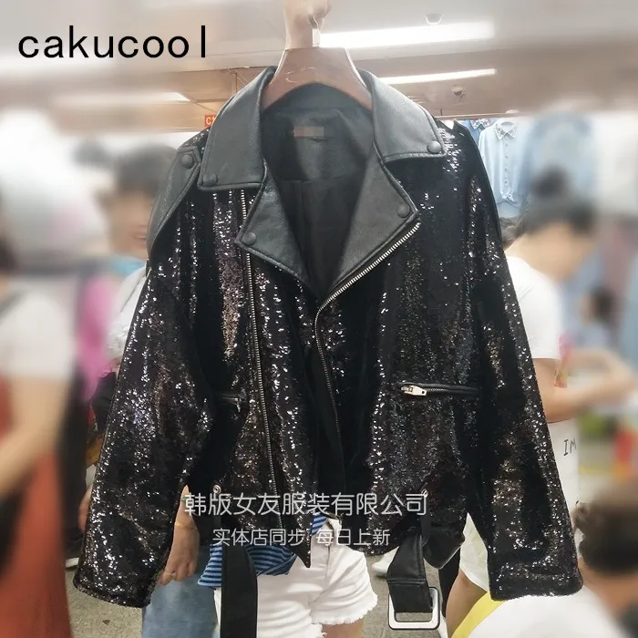 Cakucool новинка Женская куртка с блестками весеннее свободное байкерское пальто из