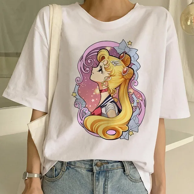 Сейлор Мун летняя новая модная футболка Женская Harajuku с коротким рукавом забавная футболка Ulzzang Милая футболка с котом Мультяшные футболки женские - Цвет: 14