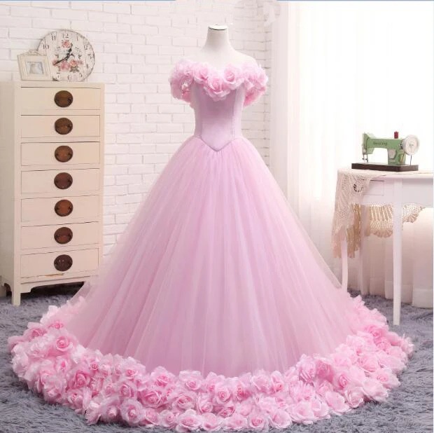 Розовое платье принцессы Quinceanera с открытыми плечами цветочным принтом длинное