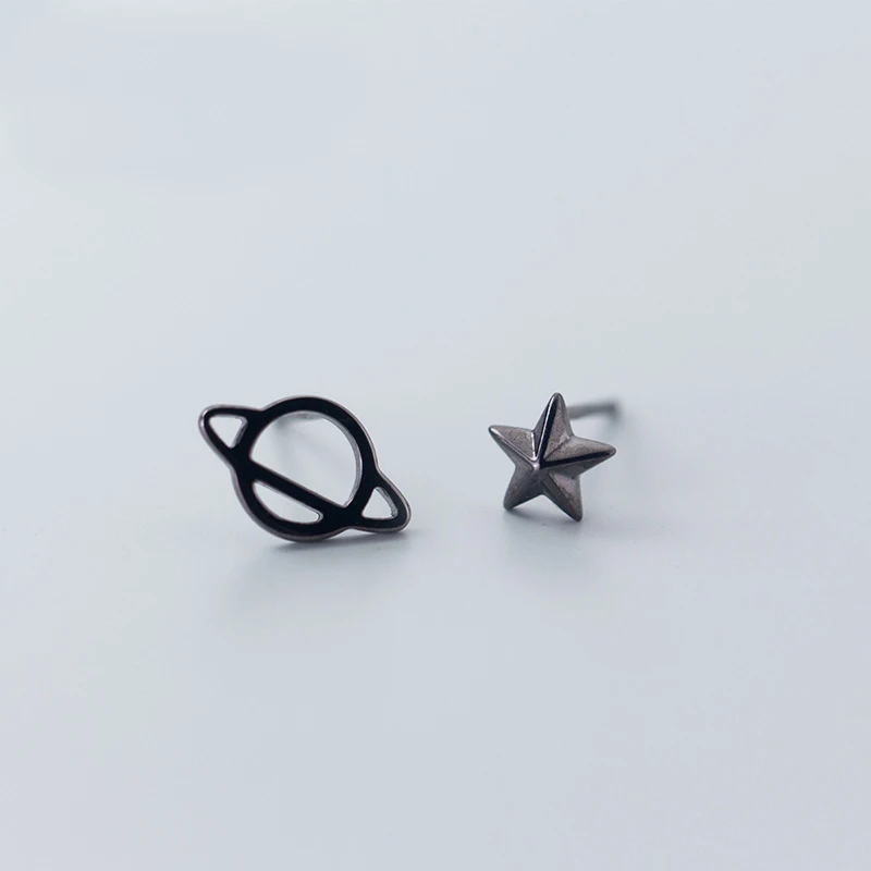 Настоящее серебро 925 пробы Серьги милые черные планеты Сатурн звезда женские