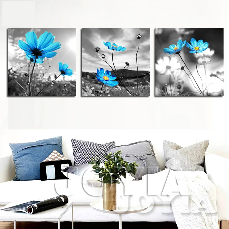 Холст настенные художественные украшения картины синий цветок картина серый