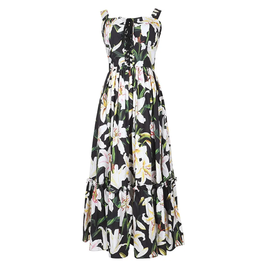 Женское винтажное платье на бретельках черное без рукавов с принтом|Женские