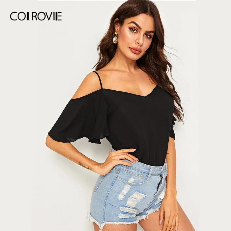 COLROVIE, черная одноцветная Сексуальная футболка с открытыми плечами и многослойным рукавом, женская одежда, летняя повседневная Офисная женская футболка, топы
