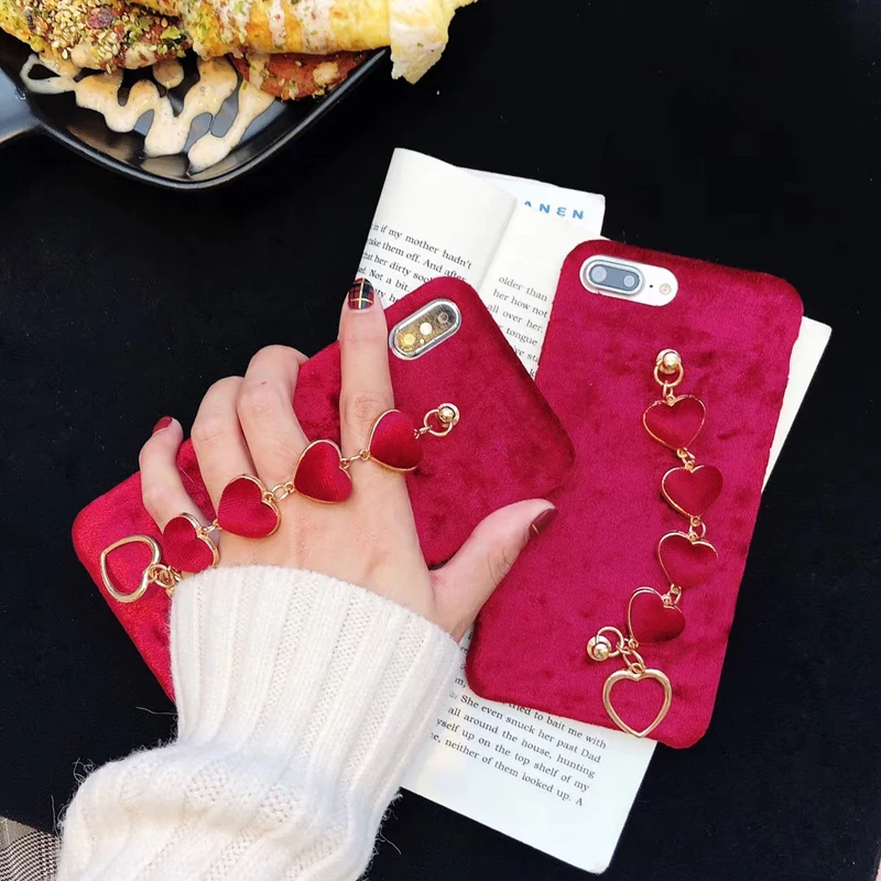 Red Warm Cloth Fur Phone Cases For iPhone X 7 8 6 6S Plus Love Heart Hand Strap Back Cover iPhoneXs Xr Xsmax | Мобильные телефоны и