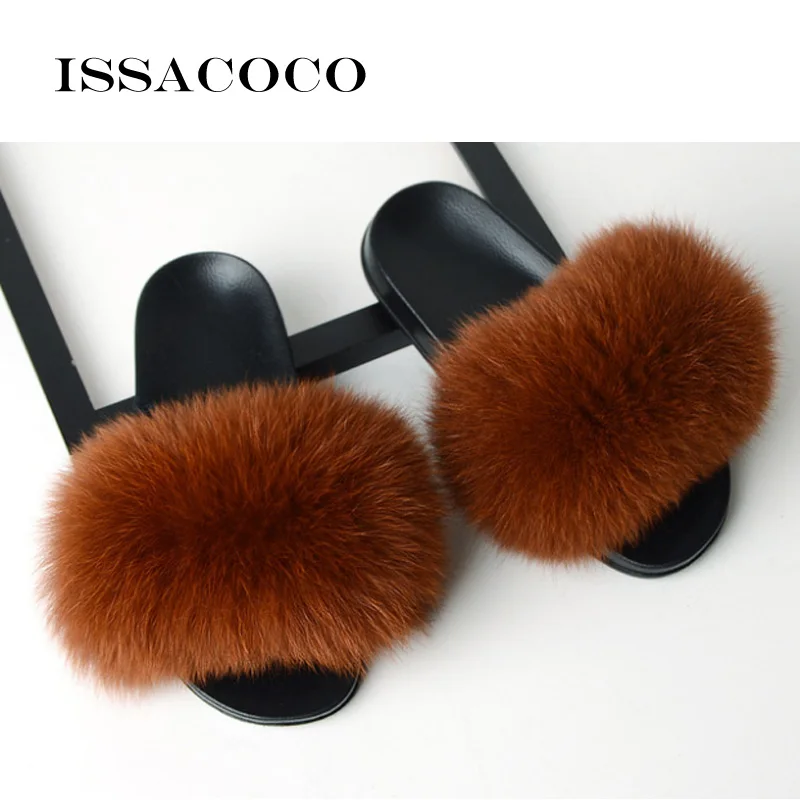 Brown ISSACOCO/женские пушистые тапочки; женские милые плюшевые пушистые тапочки с лисьим мехом; женские меховые тапочки; зимние теплые тапочки для женщин - Color: Brown