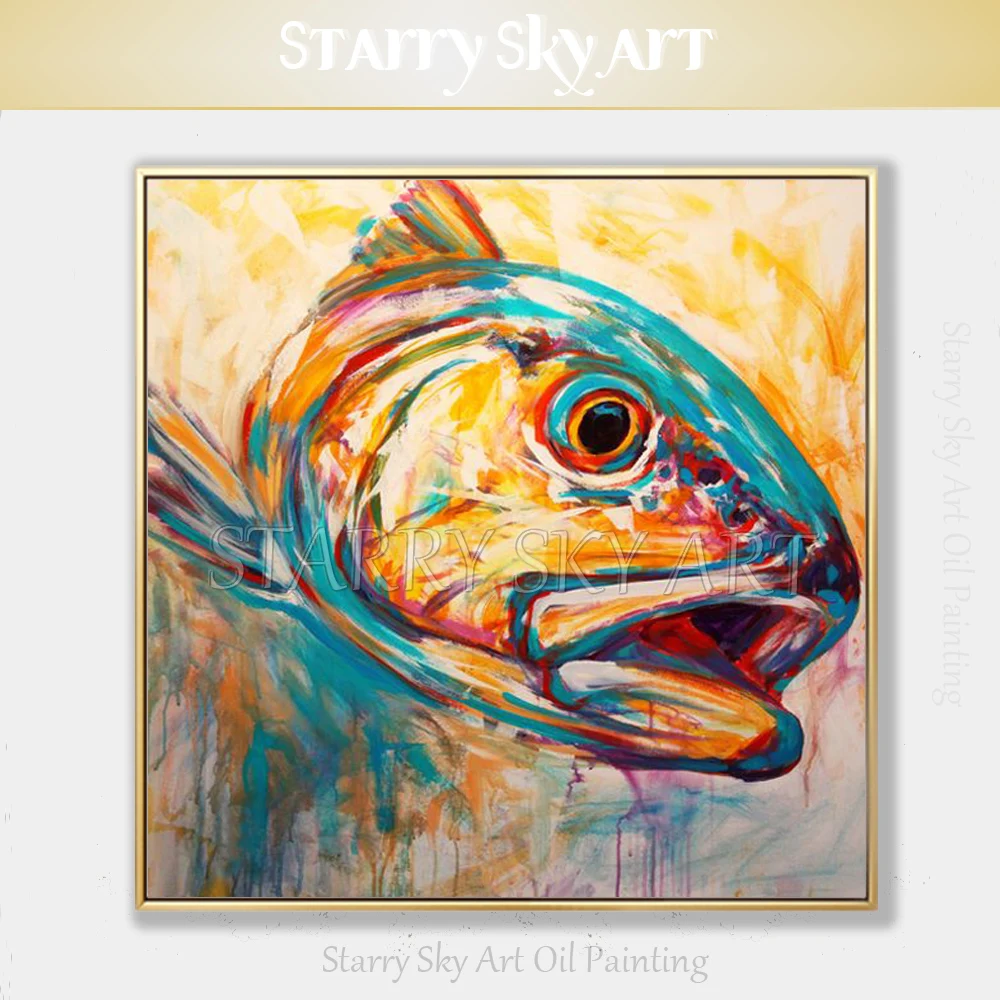 

Pop Fine Art Hand-painted Big Mouth Fish Oil Painting on Canvas Beautiful Modern Art Animal Fish Picture for Wall Art Decoration
