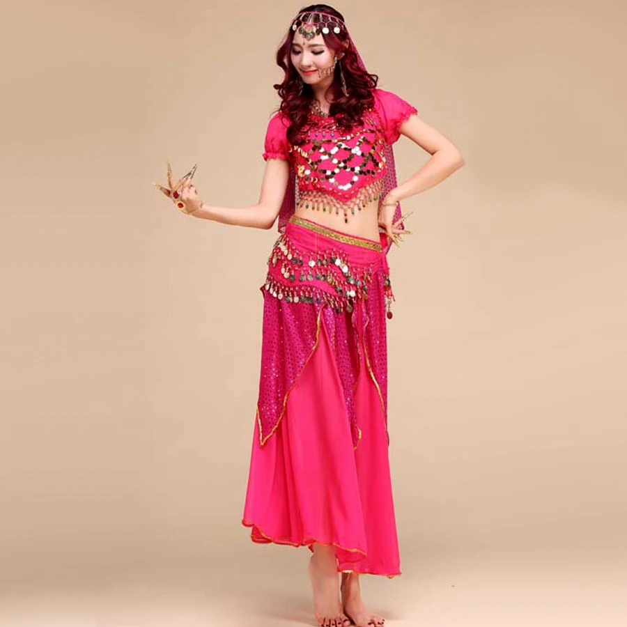 

Belly Dance Costume Set For Sale 4 Pcs Tops&Skirt&Waist Chain&Head Veil Indian Dance Costumes Clothing For Belly Dancing DQ1033