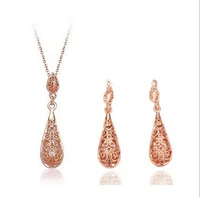 fashion hollow out figure gold color water drop pendant cheap costume jewelry necklace and earrings vintage jewelry set