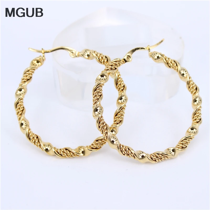 

MGUB New design Diameter 30MM-50MM distortion Hoop Earrings Gold Color Stainless Steel Jewelry Circle Earrings For Women LH508