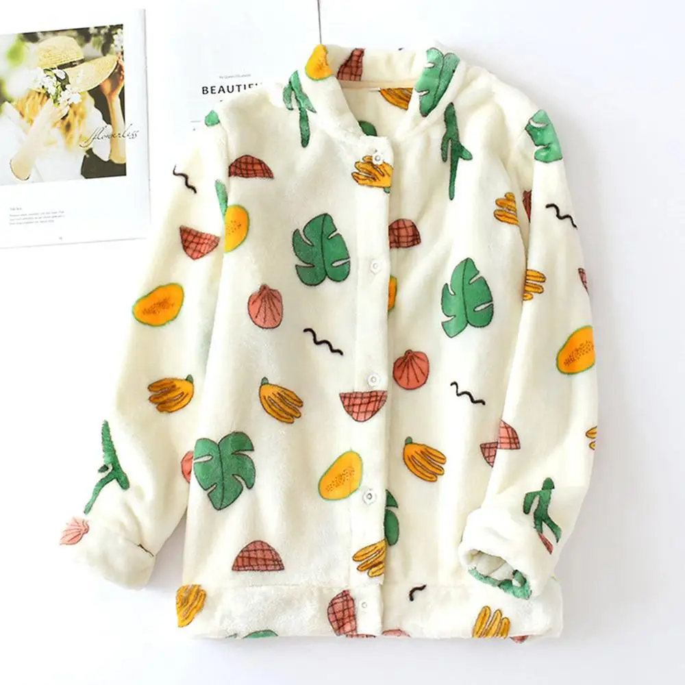 Tops-Kakhi DANALA, Осень-зима, женские пижамы, наборы, мягкие, плотные, фланелевые, цветочный принт, отложной ворот, длинный рукав, пуловер, теплая одежда для сна, топы - Цвет: Tops-Kakhi
