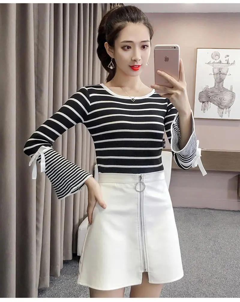 Fashion Women Sweater Knitted Top Striped Flare Long Sleeve Casual Slim Autumn Clothing Elegant Pullovers | Женская одежда