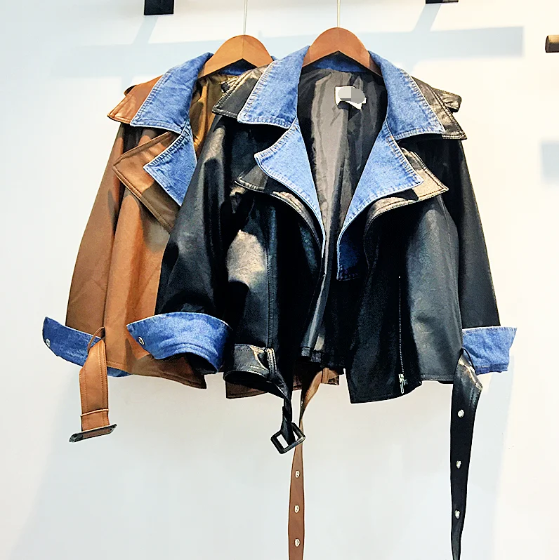 

Europe 2022 New Autumn False Two Leather Patchwork Denim Jacket Coats All-match Loose Woman Pu Jackets Cool Overcoat Dophee