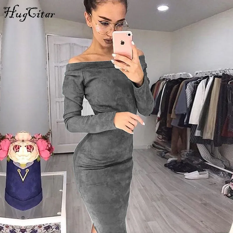Hugcitar Замша длинным рукавом с открытыми плечами женское женские женщин миди облегающее обтягивающее платье платья поатье осень осеннее зимнее зима сексуальные теплое клубное одежда - Цвет: Серый