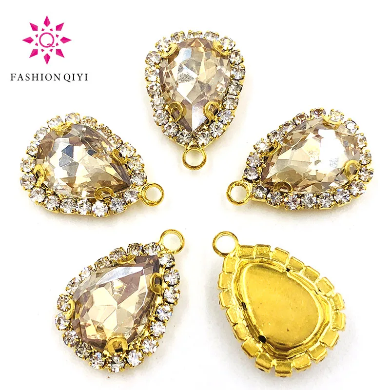 10 шт./упак. 10x14 мм, Золотая КАПЛЕВИДНАЯ пуговица цвета шампанского с одним отверстием, Высококачественная пришивная Стразы для одежды/одежды