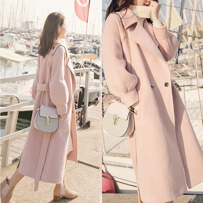 

2018 Winter Women's Wool Blends New Long Lantern Sleeve Woolen Coat Women Long Thicken Coat Long Loose Woolen coat Outerwear
