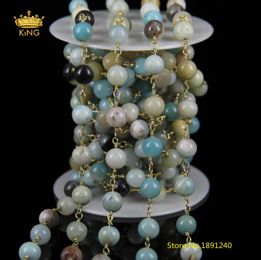 5Meter 8mm Smooth Round Amazonite Beaded Chains Jewelry Rosary Chain Wire Wrapped Stones Plated Brass Copper Necklace ZJ10 | Украшения и