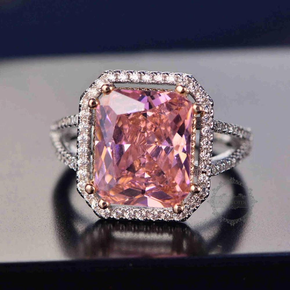 Серебряные и розовые прямоугольные кольца из кубического циркония 11x13 мм модные