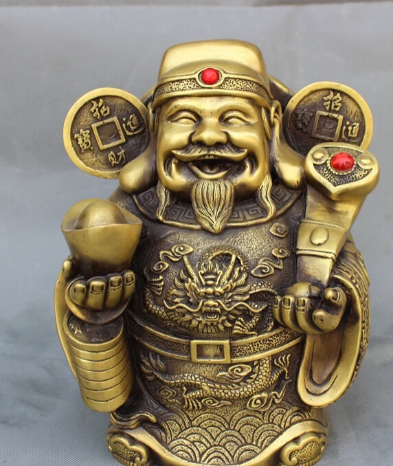 

song voge gem S2883 11" Chinese Bronze Dragon Head Happy Mammon Money God Hold YuanBao RuYi Statue