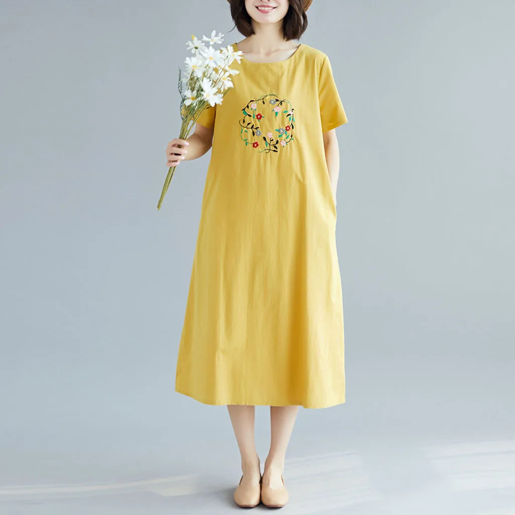 Женское длинное платье с круглым вырезом и коротким рукавом из хлопка льна