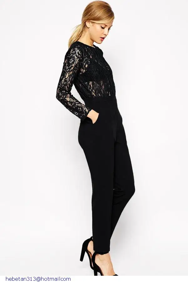 Stylish black Lace one piece bodysuit Contrast female winter long sleeve formal rompers womens jumpsuits for Sexy ladies LC6746 |