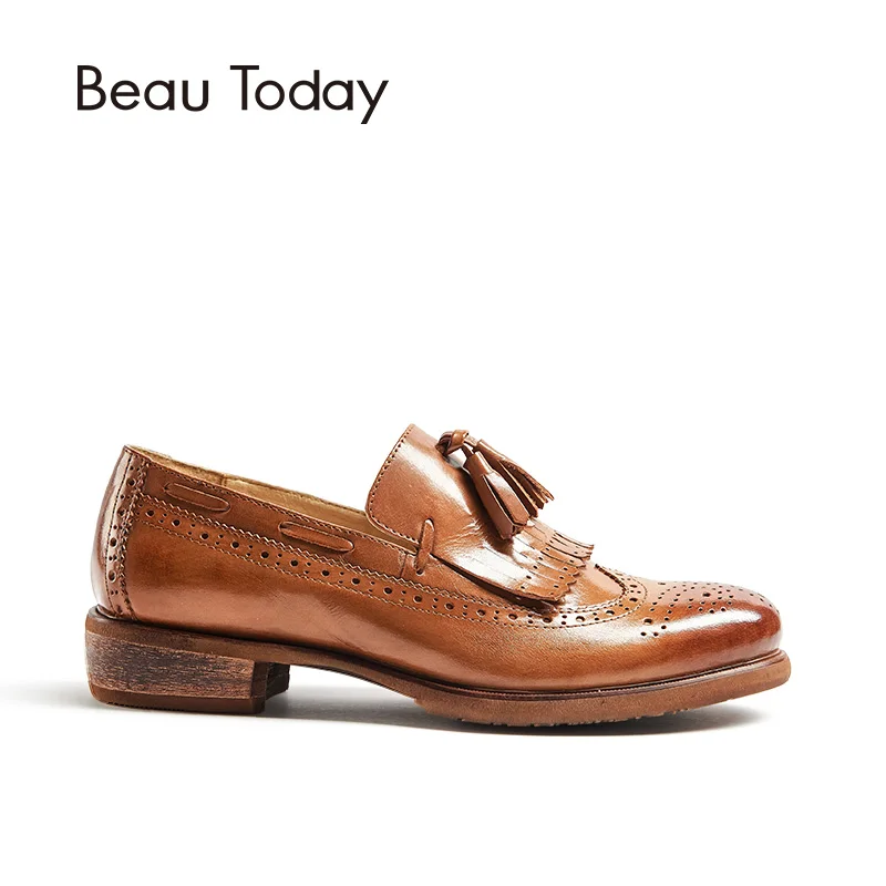 BeauToday/Модные женские лоферы с бахромой; сезон весна-осень; слипоны с круглым носком; женская обувь из натуральной коровьей кожи с бахромой; 21035